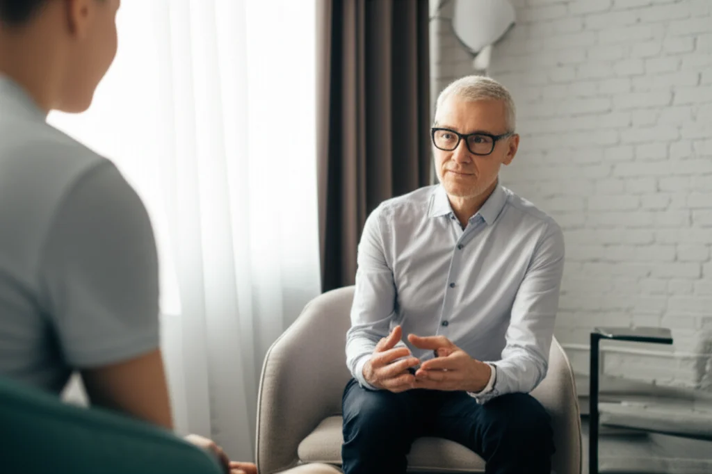 Scena di una sessione di terapia, con un terapista che parla con un paziente in un ambiente calmo e accogliente. Il focus è sull'interazione empatica. Obiettivo 50mm, luce soffusa, profondità di campo.