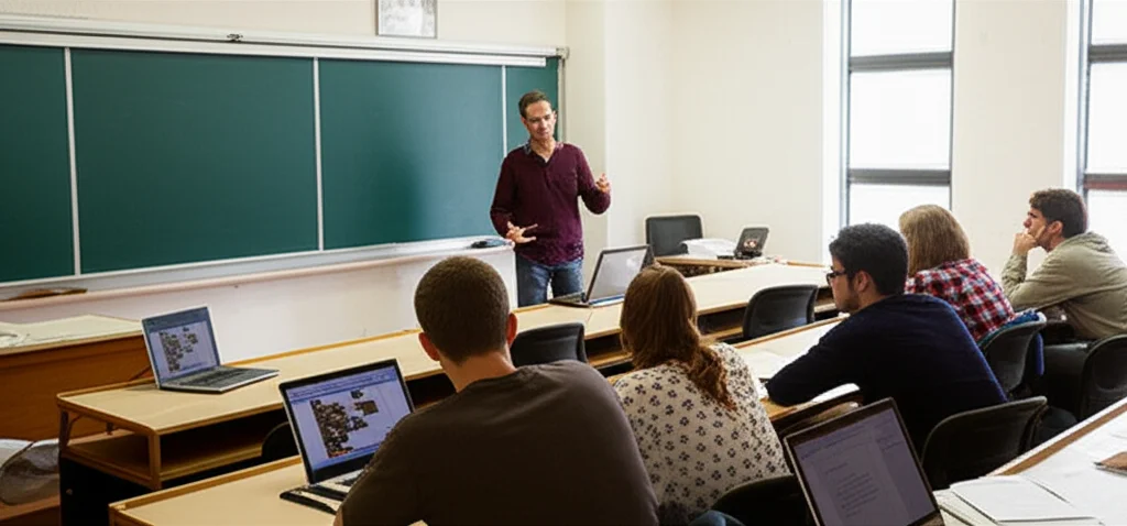 Fotografia realistica che cattura l'atmosfera di un'aula universitaria durante una lezione interattiva. Studenti attenti, alcuni con laptop aperti, altri prendono appunti a mano. Il professore è vicino alla lavagna, gesticolando. Luce mista, naturale dalle finestre e artificiale. Obiettivo zoom 35mm, profondità di campo media per includere sia gli studenti in primo piano che il docente.