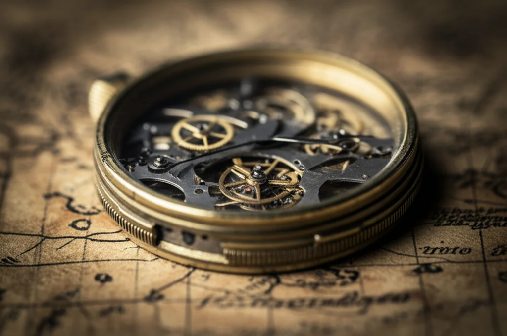 Fotografia macro di un delicato ingranaggio di orologio appoggiato su una mappa antica e sbiadita, lente macro 90mm, alta definizione, messa a fuoco precisa sull'ingranaggio, illuminazione controllata e soffusa per creare un'atmosfera riflessiva sul tempo e il contesto.