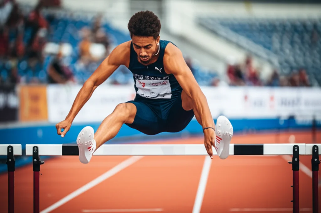 Fotografia sportiva di un corridore che supera un ostacolo su una pista di atletica, teleobiettivo zoom 200mm, alta velocità dell'otturatore per congelare il movimento, tracciamento del movimento, focus sull'espressione determinata del corridore, simboleggiando la resilienza.