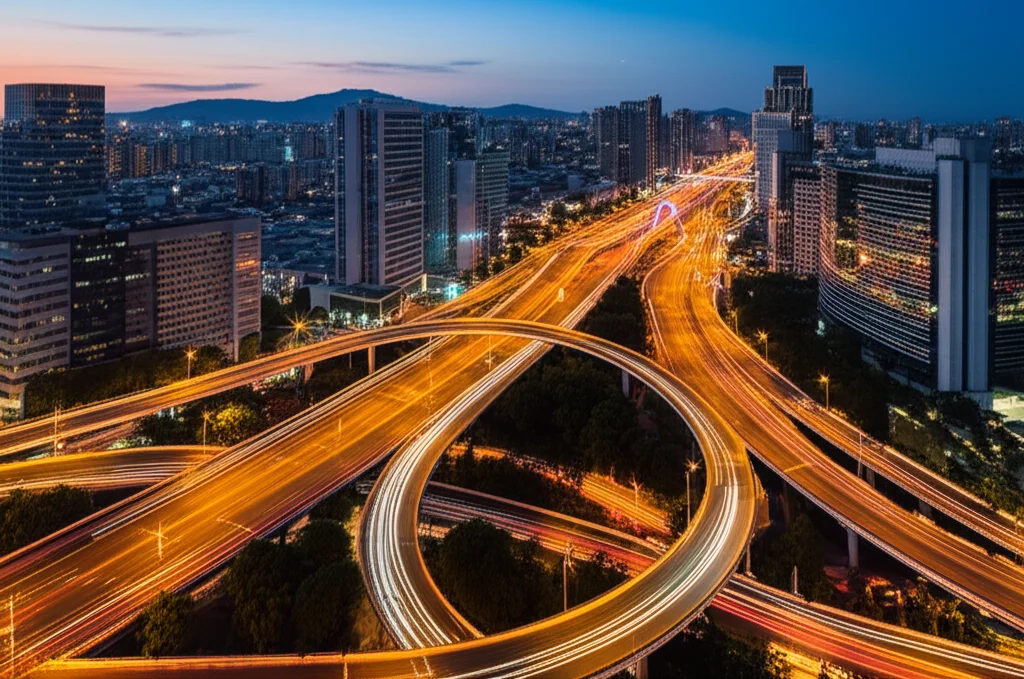 Fotografia grandangolare di un paesaggio urbano complesso al tramonto, con strade, ponti e edifici interconnessi che si illuminano, lente grandangolare 18mm, lunga esposizione per creare scie luminose del traffico, focus nitido sull'intera scena, a simboleggiare la complessità dei sistemi sociali ed economici.