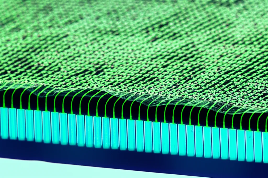 Macro fotografia, lente 100mm, di un chip EGOFET stilizzato che mostra l'interfaccia tra il semiconduttore organico PBTTT-C16 (verde scuro texturizzato) e l'elettrolita PSSH (blu traslucido), con ioni positivi e negativi stilizzati che formano il doppio strato elettrico. Illuminazione controllata da laboratorio, alta definizione, messa a fuoco precisa sull'interfaccia.
