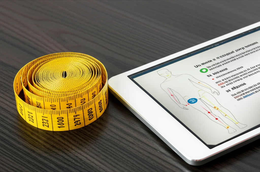Un metro a nastro giallo flessibile appoggiato su un tavolo di legno scuro accanto a un grafico stilizzato su un tablet che mostra la forma del corpo umano con evidenziata la circonferenza vita e l'altezza per il calcolo del BRI. Fotografia still life, obiettivo macro 80mm, illuminazione laterale controllata per creare ombre morbide, alta definizione dei dettagli del metro e dello schermo.