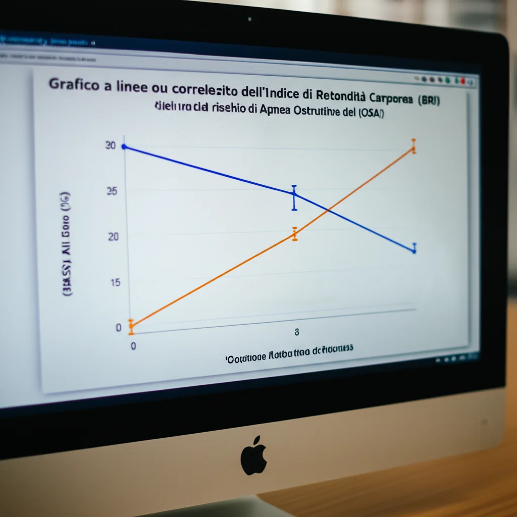Grafico a linee su uno schermo di computer che mostra la correlazione positiva tra l'aumento dell'Indice di Rotondità Corporea (BRI) sull'asse X e l'aumento del rischio di Apnea Ostruttiva del Sonno (OSA) sull'asse Y, con un punto di flesso evidenziato. Illuminazione da ufficio, messa a fuoco precisa sul grafico, leggero riflesso sullo schermo, colori blu e arancione per le linee.
