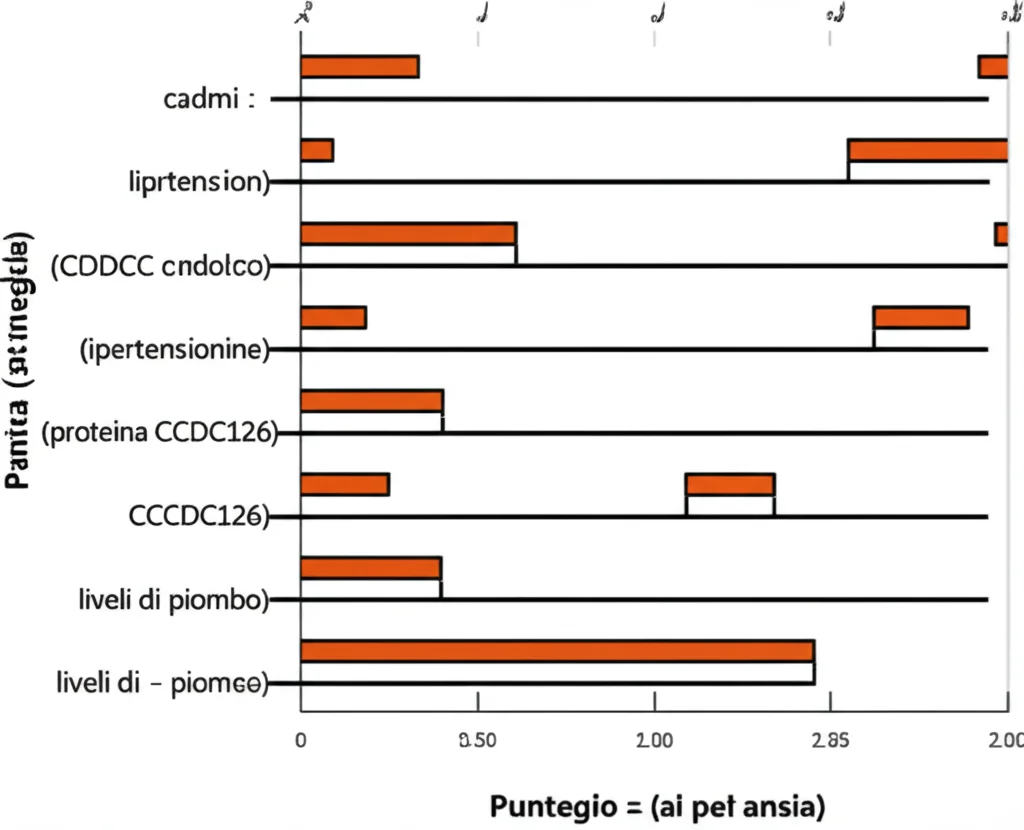 Grafico nomogramma stilizzato che mostra come diversi fattori (livelli di cadmio, ipertensione, proteina CCDC126, livelli di piombo) contribuiscono al punteggio di rischio di ansia. High detail, precise focusing.