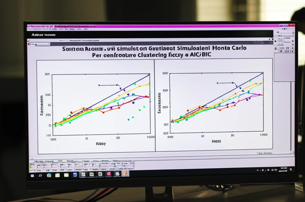 Schermo di computer che mostra grafici complessi di simulazioni Monte Carlo per confrontare clustering fuzzy e AIC/BIC, focus nitido sullo schermo, ambiente di laboratorio debolmente illuminato, obiettivo prime 50mm, high detail.