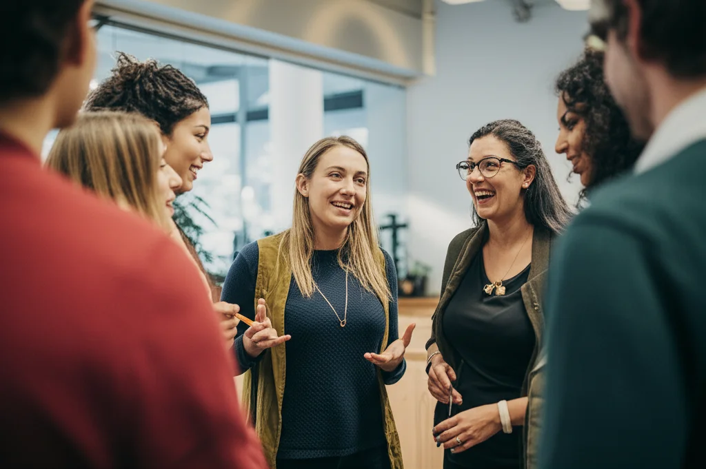 Ritratto di gruppo di persone di diverse età, generi e background socio-economici che discutono animatamente, ambientazione interna luminosa, profondità di campo, obiettivo 50mm, stile documentaristico.