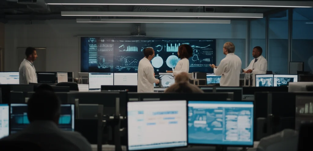 Fotografia grandangolare di un moderno centro di ricerca con schermi che mostrano dati globali e grafici sulla salute, ricercatori che collaborano, obiettivo 24mm, messa a fuoco nitida, luce controllata.
