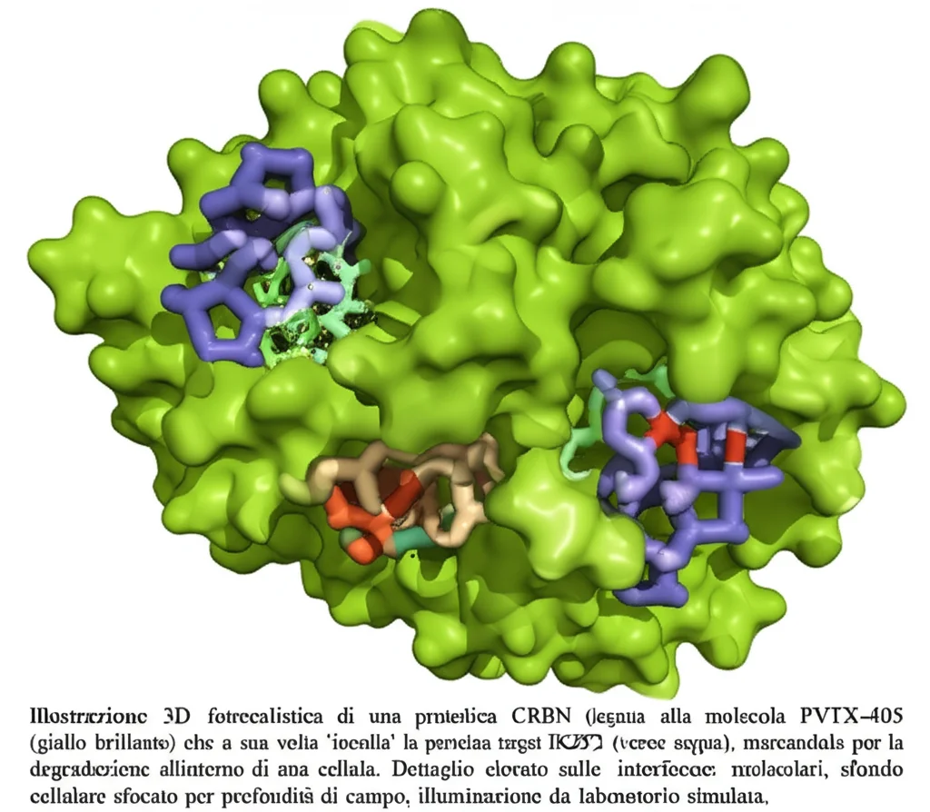 Illustrazione 3D fotorealistica di una proteina CRBN (grigio metallico) legata alla molecola PVTX-405 (giallo brillante) che a sua volta 'incolla' la proteina target IKZF2 (verde acqua), marcandola per la degradazione all'interno di una cellula. Dettaglio elevato sulle interfacce molecolari, sfondo cellulare sfocato per profondità di campo, illuminazione da laboratorio simulata.