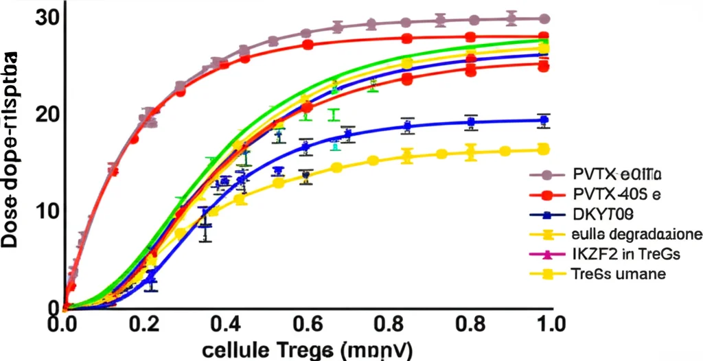 Grafico scientifico fotorealistico che mostra curve dose-risposta comparative per PVTX-405 e DKY709 sulla degradazione di IKZF2 in cellule Tregs umane. Linee colorate distinte su sfondo bianco pulito, etichette chiare, effetto profondità di campo leggero. Lente macro 80mm, illuminazione uniforme.