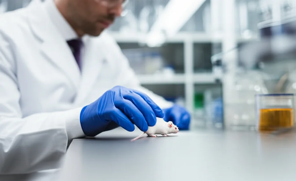Fotografia di topi da laboratorio in un ambiente controllato durante uno studio preclinico. Un tecnico somministra PVTX-405 per via orale a un topo con un piccolo tumore visibile. Focus sull'interazione, sfondo sfocato del laboratorio. Lente prime 50mm, illuminazione da laboratorio, realismo documentaristico.