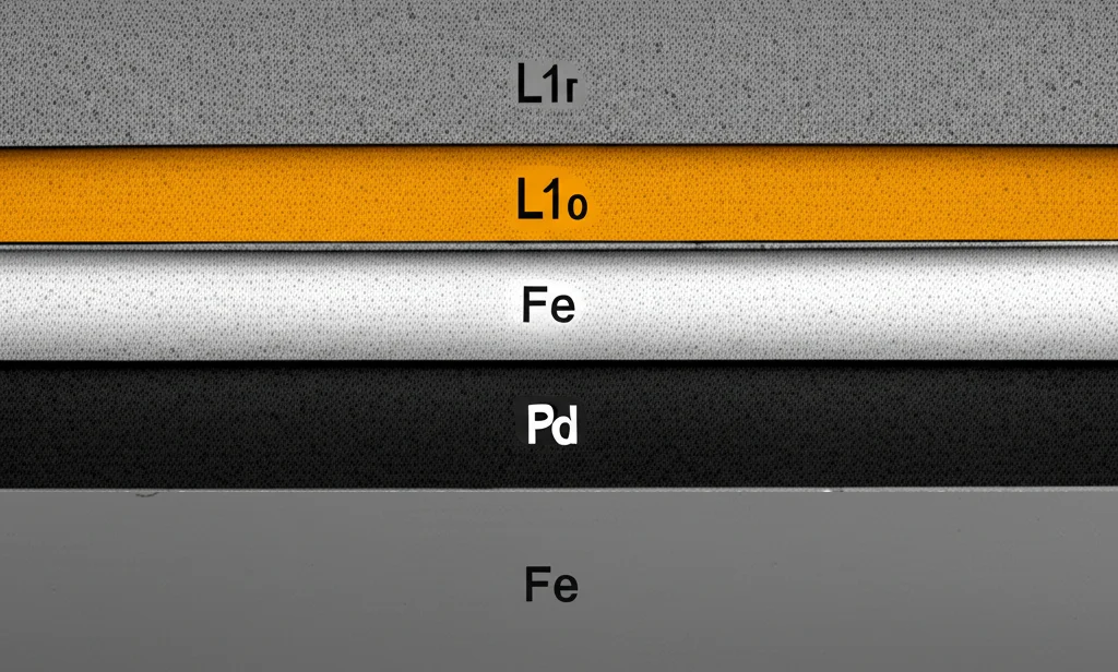 Immagine macro fotorealistica di un multistrato sottile FePt/Pt/Fe depositato su un substrato cristallino di MgO, vista laterale. L'illuminazione controllata mette in risalto le interfacce nanometriche tra lo strato L10-FePt (più scuro, ordinato), lo strato di Pt (sottile, brillante) e lo strato di Fe (più chiaro). Obiettivo macro 100mm, alta definizione, messa a fuoco precisa sulle interfacce.