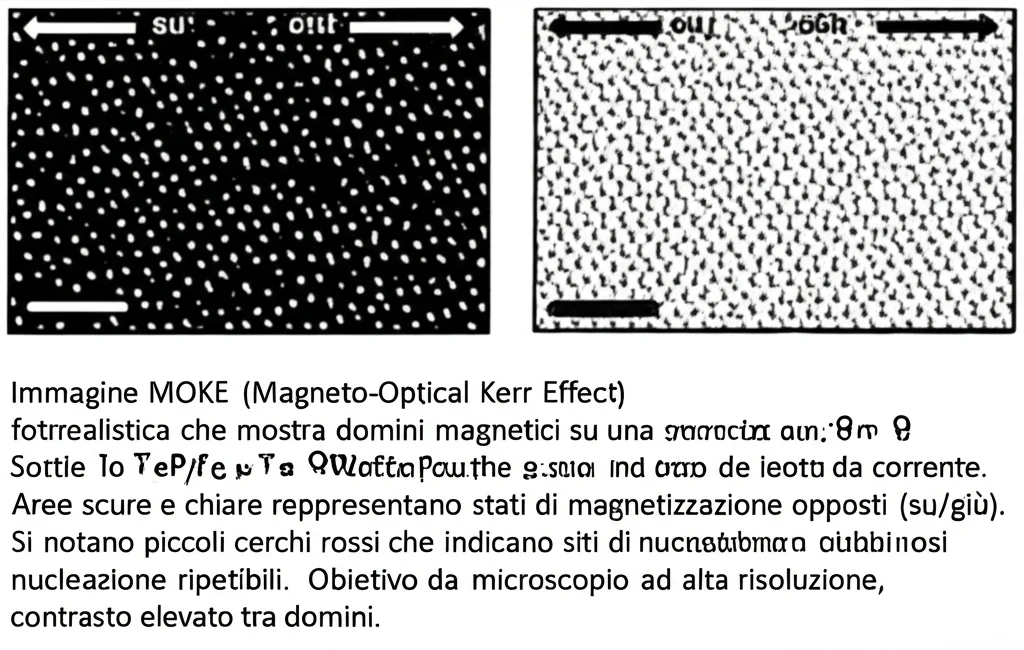 Immagine MOKE (Magneto-Optical Kerr Effect) fotorealistica che mostra domini magnetici su una superficie di un film sottile FePt/Pt/Fe durante lo switching indotto da corrente. Aree scure e chiare rappresentano stati di magnetizzazione opposti (su/giù). Si notano piccoli cerchi rossi che indicano siti di nucleazione ripetibili. Obiettivo da microscopio ad alta risoluzione, contrasto elevato tra domini.