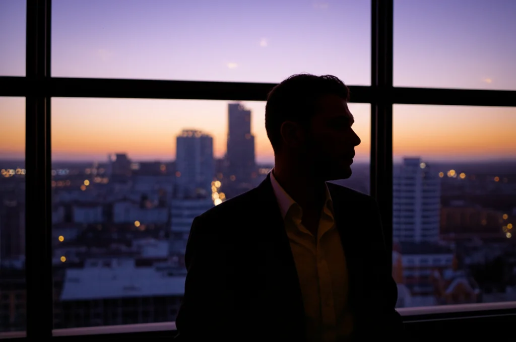 Un uomo dall'aspetto pensieroso e leggermente cupo guarda fuori da una finestra su una città moderna al tramonto, luce fioca, stile cinematografico noir, obiettivo 35mm, profondità di campo ridotta per enfatizzare l'isolamento.