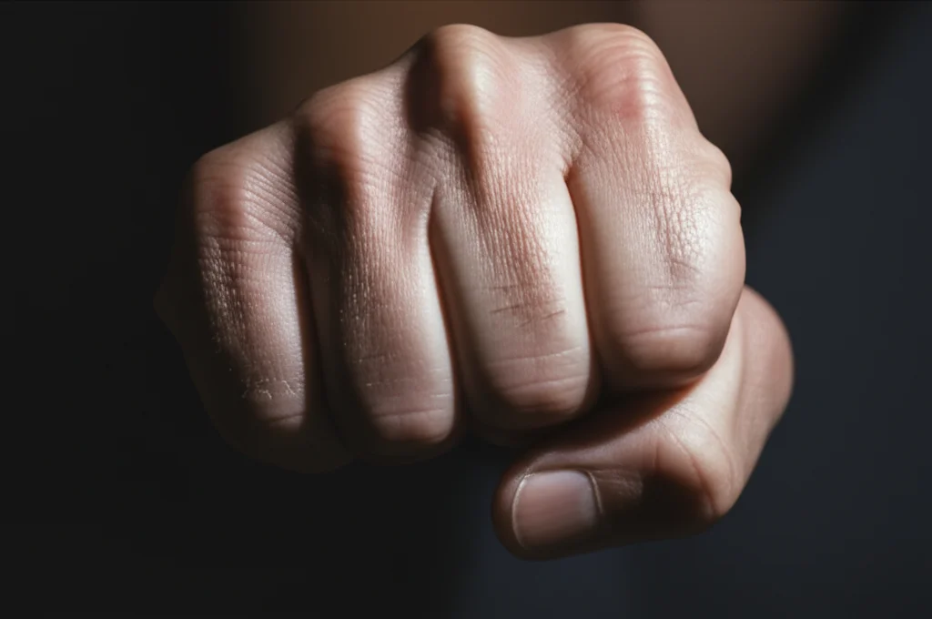 Primo piano estremo del pugno chiuso di un uomo, nocche bianche, illuminazione drammatica laterale che crea ombre profonde, texture della pelle molto dettagliata, obiettivo macro 90mm, sfondo scuro e sfocato.