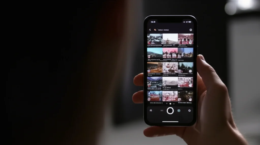 Schermo di uno smartphone che mostra un feed infinito di video brevi e colorati in stile TikTok, tenuto da una mano giovane in una stanza buia illuminata solo dallo schermo, messa a fuoco precisa sullo schermo, effetto bokeh sullo sfondo.