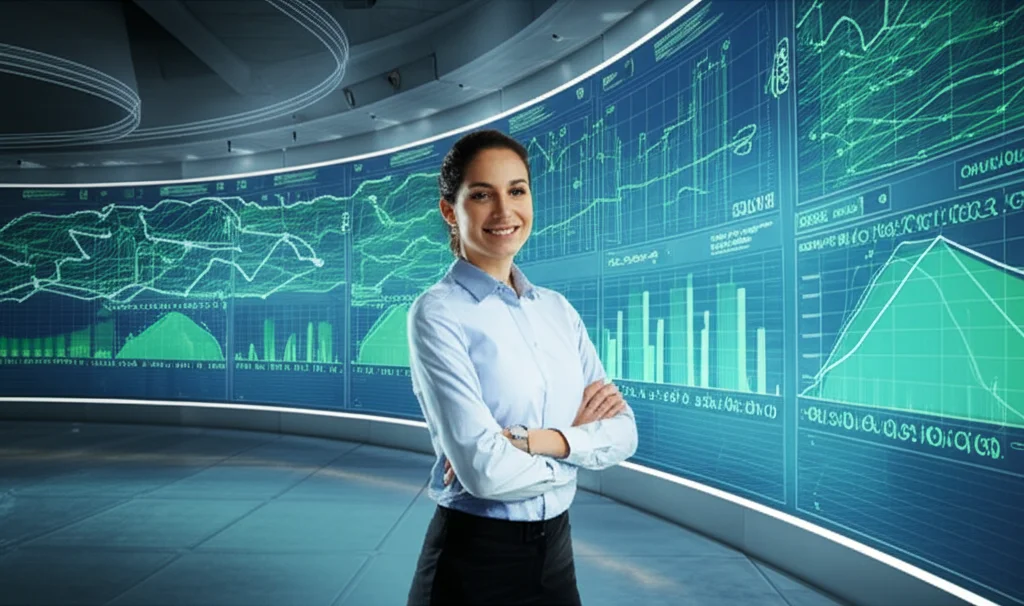 Ritratto ambientato, obiettivo prime 35mm, di un'ingegnera energetica sorridente e fiduciosa in una control room high-tech, in piedi davanti a un grande schermo curvo che mostra mappe della rete elettrica con indicatori di efficienza verdi e grafici con curve di errore MAPE molto basse (inferiori allo 0.5%), profondità di campo ridotta per focalizzare sull'ingegnera e i dati positivi sullo schermo, illuminazione ambientale brillante e moderna.