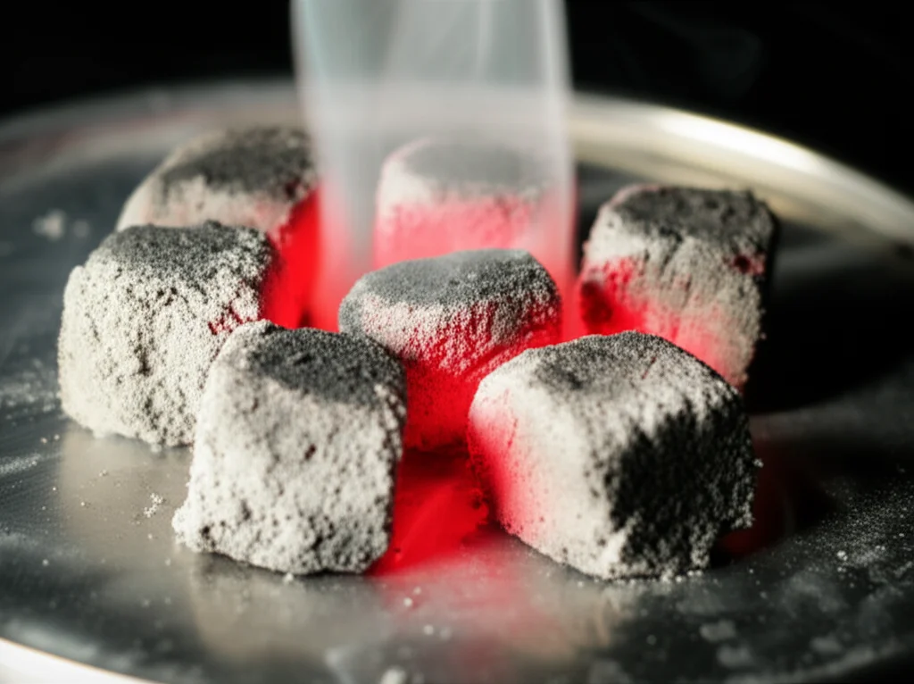 Primo piano macro di carbonella incandescente su un braciere da narghilè coperto da stagnola forata, con fumo sottile che sale. Obiettivo macro 90mm, illuminazione controllata per evidenziare la texture della cenere e il bagliore rosso.