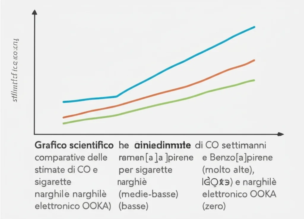 Grafico scientifico stilizzato che mostra barre comparative delle emissioni settimanali stimate di CO e Benzo[a]pirene per sigarette (molto alte), narghilè tradizionale (medie-basse), IQOS (basse) e narghilè elettronico OOKA (zero). Sfondo neutro, focus sul grafico.