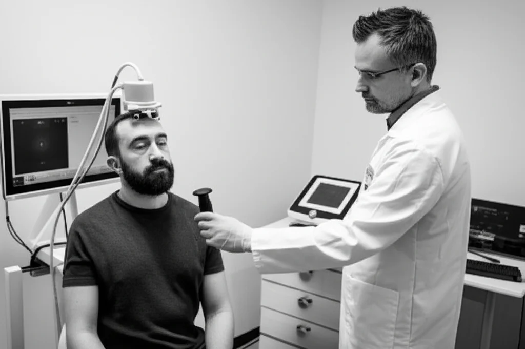 Immagine fotorealistica di un macchinario per la stimolazione magnetica transcranica (TMS) in un ambiente clinico moderno e luminoso. Primo piano del coil posizionato delicatamente sulla testa di un paziente (volto non visibile o sfocato per privacy), con un tecnico che monitora i parametri su uno schermo. Luce controllata, profondità di campo ridotta per focalizzare sul coil. Obiettivo prime 35mm, bianco e nero.