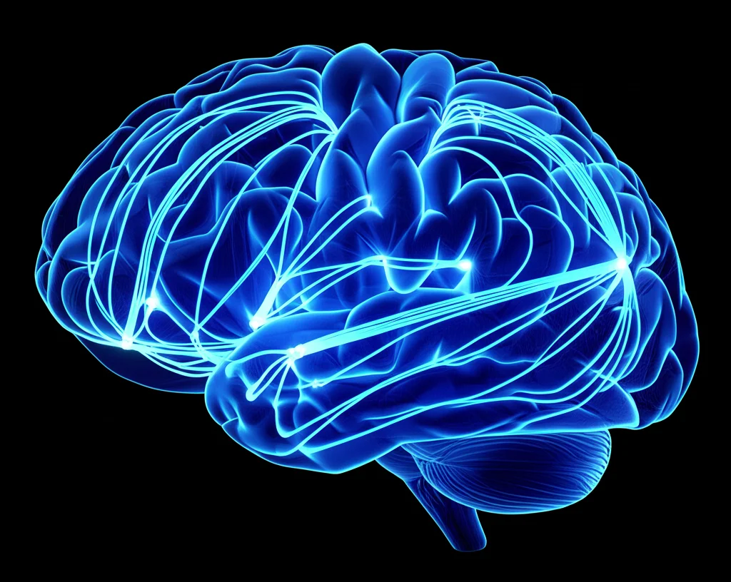 Visualizzazione astratta ma fotorealistica di reti neurali luminose e interconnesse all'interno di una sagoma trasparente del cervello umano. Colori vibranti (blu e ciano duotone) che rappresentano i segnali fMRI e le connessioni funzionali. Dettaglio elevato sulle connessioni. Sfondo scuro per enfatizzare le reti. Macro lens 90mm, high detail, precise focusing.