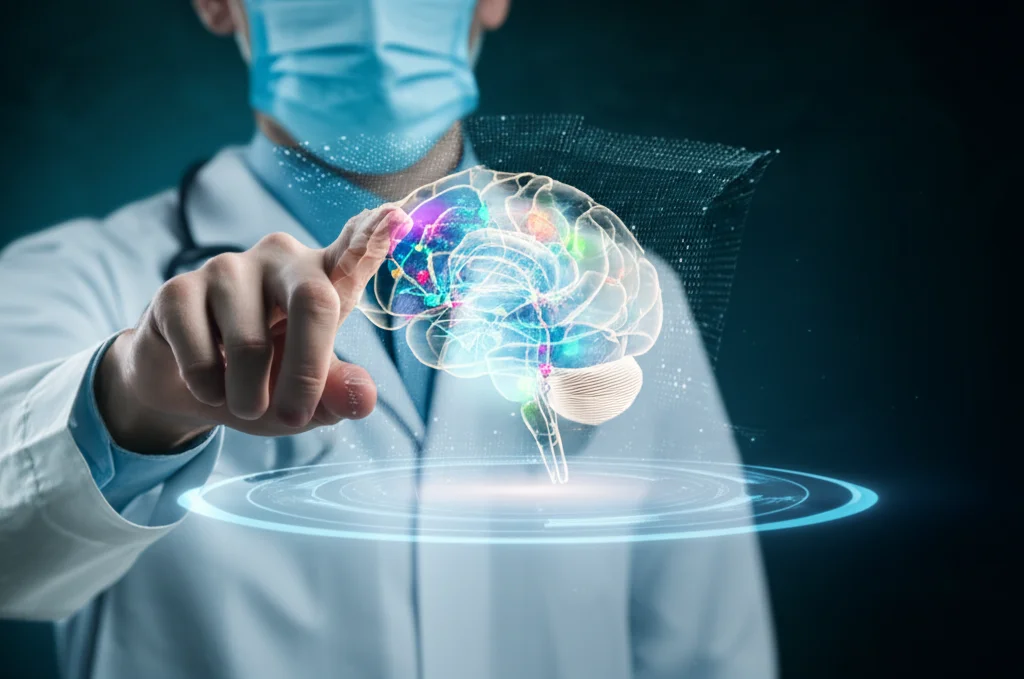 Fotografia concettuale che rappresenta la medicina di precisione nella neurologia. Mano di un medico o ricercatore che interagisce con un'interfaccia digitale olografica tridimensionale del cervello di un paziente, con specifiche reti neurali e aree (come LDLPFC e ACC) evidenziate in colori brillanti. Ambiente futuristico e pulito, illuminazione controllata high-tech. Obiettivo prime 50mm, depth of field.