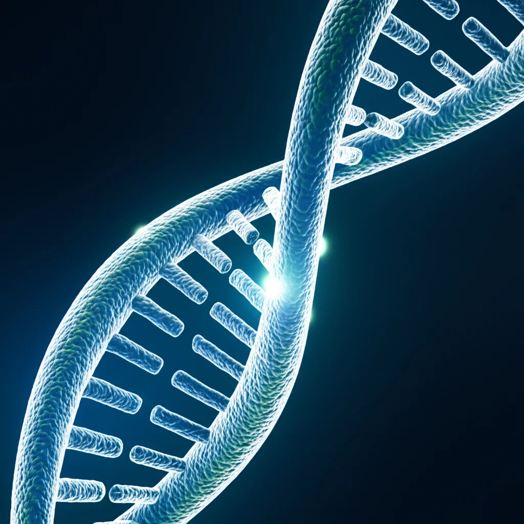 Macro fotografia di una doppia elica di DNA stilizzata con piccoli segni luminosi (gruppi metile) su alcuni punti a rappresentare la metilazione, obiettivo macro 90mm, illuminazione controllata e soffusa, alta definizione, sfondo sfocato.