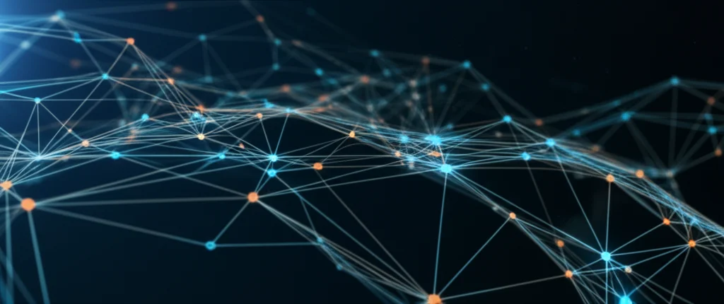 Visualizzazione astratta di una rete neurale o un modello di machine learning con nodi luminosi blu e arancioni collegati da linee sottili, rappresentante l'analisi di dati epigenetici complessi, sfondo digitale scuro, dettagli high-tech, stile futuristico.