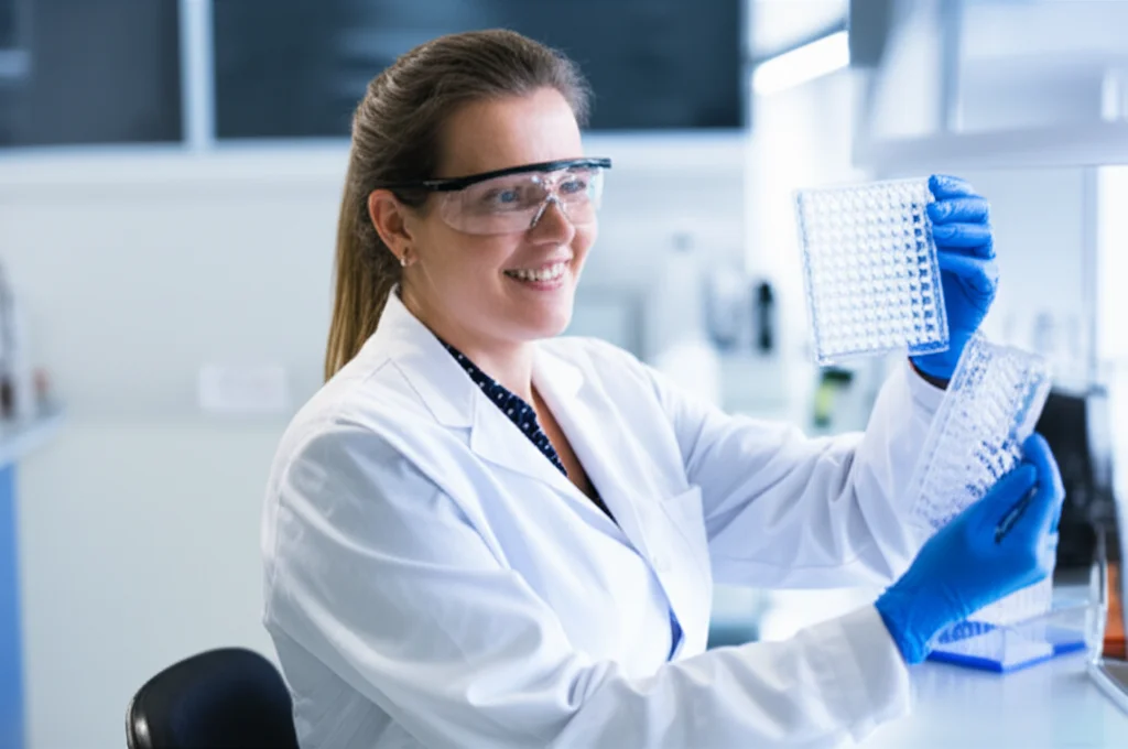 Ritratto di una ricercatrice sorridente in camice bianco che osserva attentamente una piastra multiwell in un laboratorio di biologia molecolare moderno e luminoso, obiettivo prime 50mm, profondità di campo ridotta, luce naturale da finestra laterale.