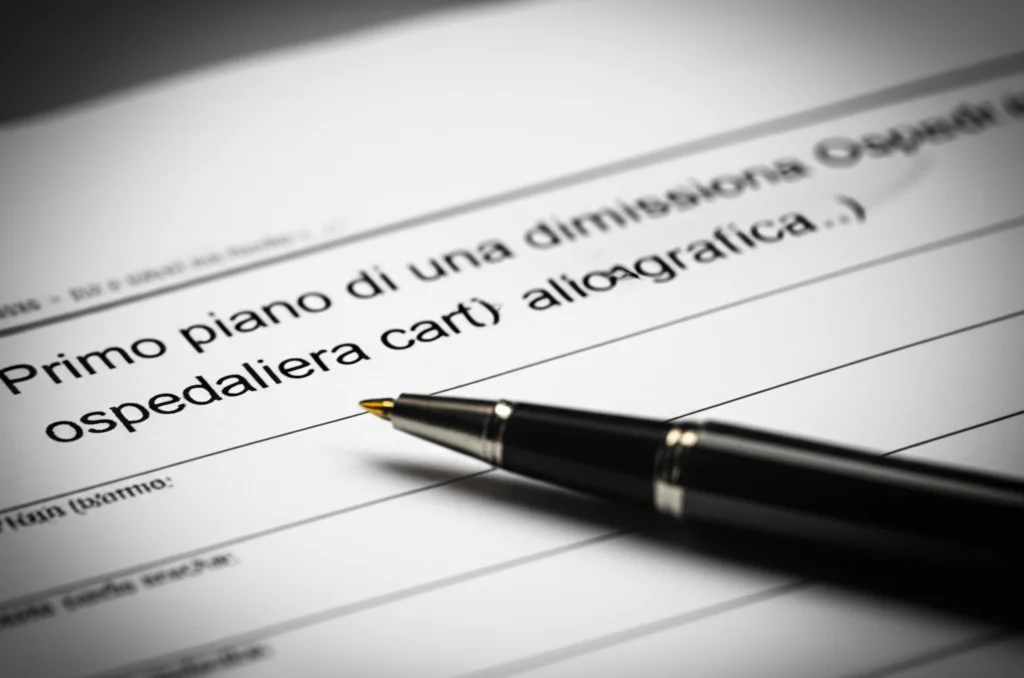 Primo piano di una lettera di dimissione ospedaliera cartacea con una penna stilografica appoggiata sopra, alcune parti del testo sfocate. Illuminazione controllata da studio, obiettivo macro 100mm, alta definizione dei dettagli della carta e dell'inchiostro, atmosfera seria e professionale.