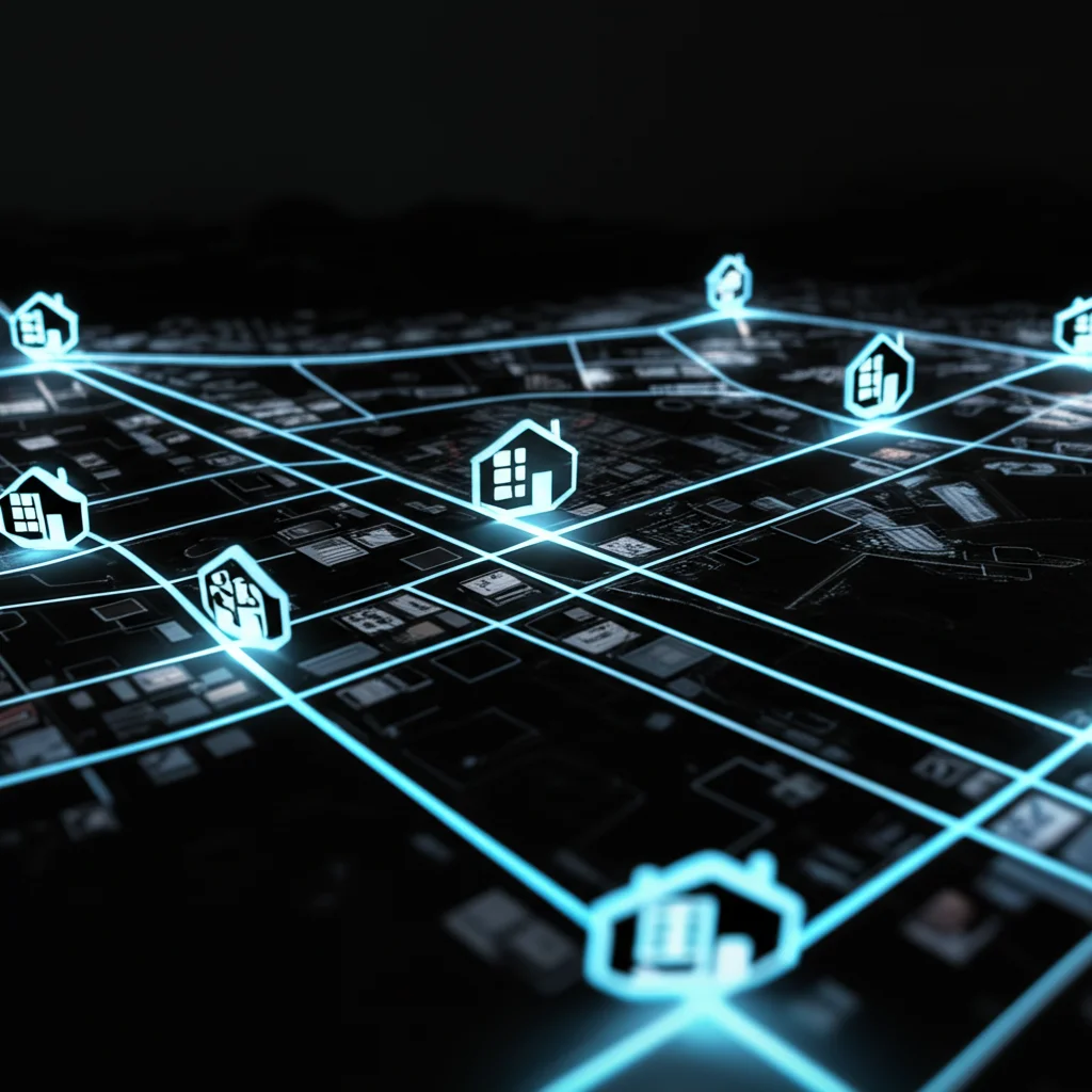 Immagine fotorealistica, una mappa stilizzata che mostra percorsi digitali luminosi che collegano vari punti di interesse come case, uffici, negozi, che rappresentano il monitoraggio dei dati di posizione, lenti grandangolari, 15 mm, focus acuto, umore leggermente minaccioso, simboleggiando la vulnerabilità dei dati di posizione.