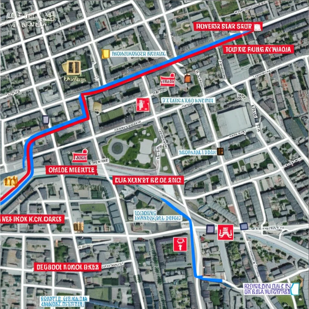 Immagine fotorealistica, vista ambientale di una mappa della città con un vero percorso evidenziato in rosso e diversi percorsi fittizia plausibili ma diversi in ramificazione blu, portando a diversi tipi di localizzazione (negozio, parco, ufficio), lenti primarie, 35 mm, profondità di campo, chiara visualizzazione dell'anonimato K con diversità semantica.