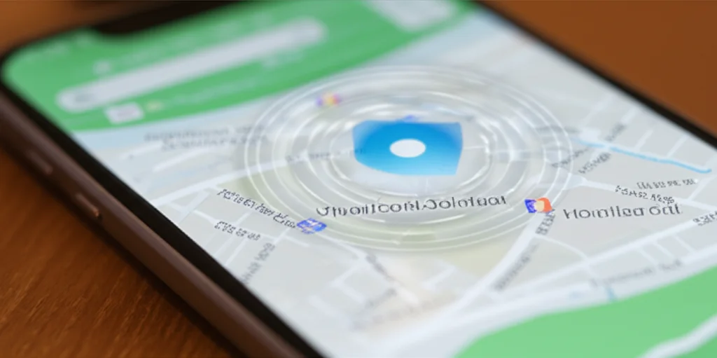 Immagine fotorealistica, un primo piano di uno schermo per smartphone che mostra un'app di mappa, con una sovrapposizione semitrasparente dello scudo che protegge il perno di posizione dell'utente e sfocatura etichette semantiche circostanti (come i nomi dei negozi), lenti macro, 85 mm, dettagli elevati, illuminazione controllata, focus sullo scudo che simboleggia la protezione della privacy.