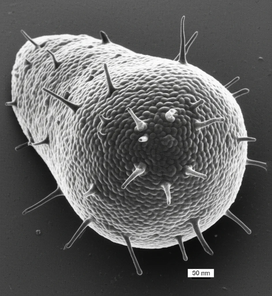 Microfotografia elettronica a scansione di un chitinozoo della specie Angochitina longicollis, isolato da un campione di mudstone. Macro lens, 100mm, high detail, precise focusing, controlled lighting, sfondo scuro per evidenziare la forma a fiasco e le spine sulla superficie del fossile.