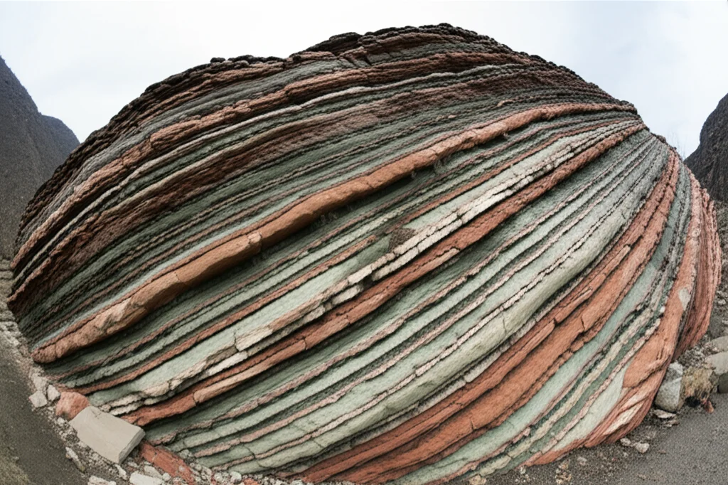 Affioramento geologico della Formazione Ningqiang, sezione di Majia, Cina. Stratificazioni ben visibili di rocce sedimentarie argillose e siltose dai colori rossastri e grigio-verdi. Landscape wide angle 15mm, sharp focus, luce diurna naturale, contesto montuoso sullo sfondo.
