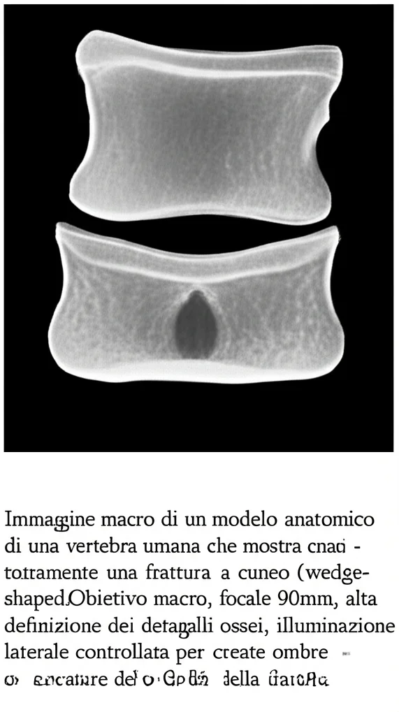 Immagine macro di un modello anatomico di una vertebra umana che mostra chiaramente una frattura a cuneo (wedge-shaped). Obiettivo macro, focale 90mm, alta definizione dei dettagli ossei, illuminazione laterale controllata per creare ombre e accentuare la forma della frattura.