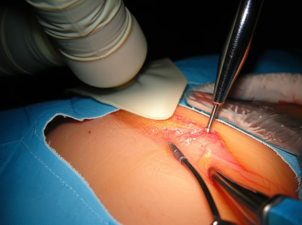 Vista ravvicinata da sala operatoria di una procedura di cifoplastica percutanea (PKP) su una vertebra. Obiettivo zoom, focale 100mm, messa a fuoco precisa sugli strumenti chirurgici e sulla vertebra, illuminazione chirurgica intensa, dettagli nitidi della procedura.