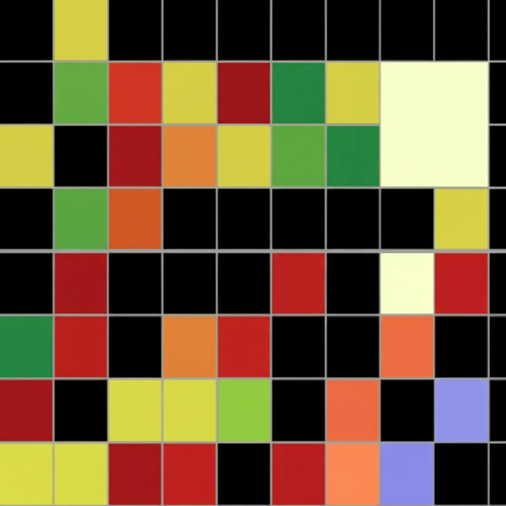 Grafico scientifico astratto che mostra l'espressione genica differenziale. Una heatmap con quadrati colorati (rossi per sovraespressione, verdi per sottoespressione) su sfondo scuro. Macro lens, 100mm, high detail, precise focusing, controlled lighting, stile high-tech.