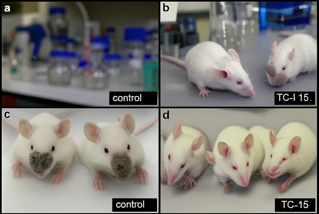 Fotografia realistica in un laboratorio scientifico, scattata con un obiettivo prime da 50mm. In primo piano, due gruppi di topi nudi (nude mice) con tumori OSCC visibili sotto la pelle (xenotrapianti). Un gruppo (controllo, a destra) mostra tumori più grandi. L'altro gruppo (trattato con TC-I 15, a sinistra) mostra tumori visibilmente più piccoli. La profondità di campo è ridotta, mettendo a fuoco i tumori. Lo sfondo è un banco di laboratorio leggermente sfocato con strumentazione scientifica.