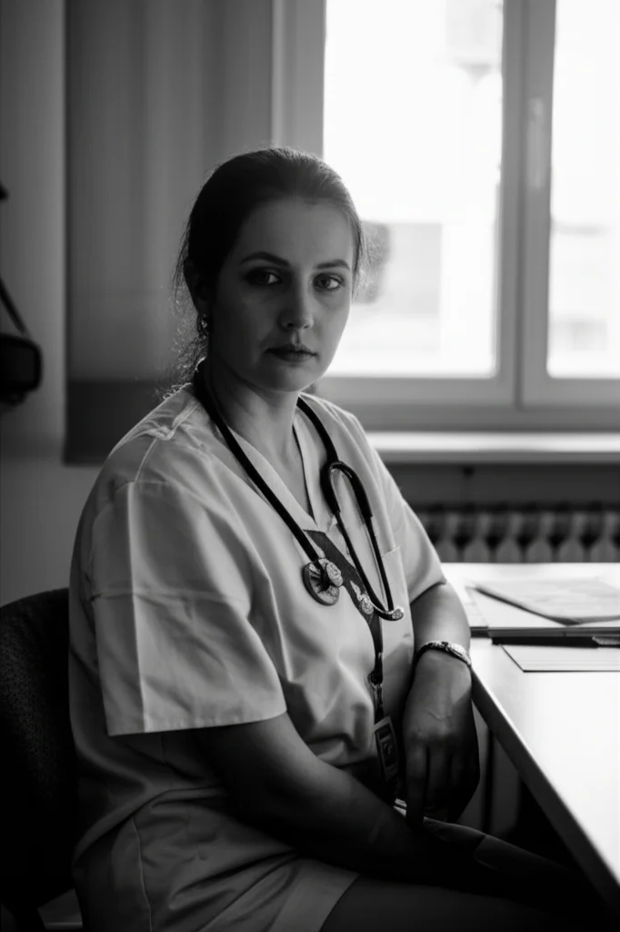 Ritratto fotografico di un'infermiera dall'aspetto stanco ma empatico, seduta alla sua scrivania dopo una lunga giornata, luce soffusa dalla finestra, stile bianco e nero, obiettivo 35mm, profondità di campo.