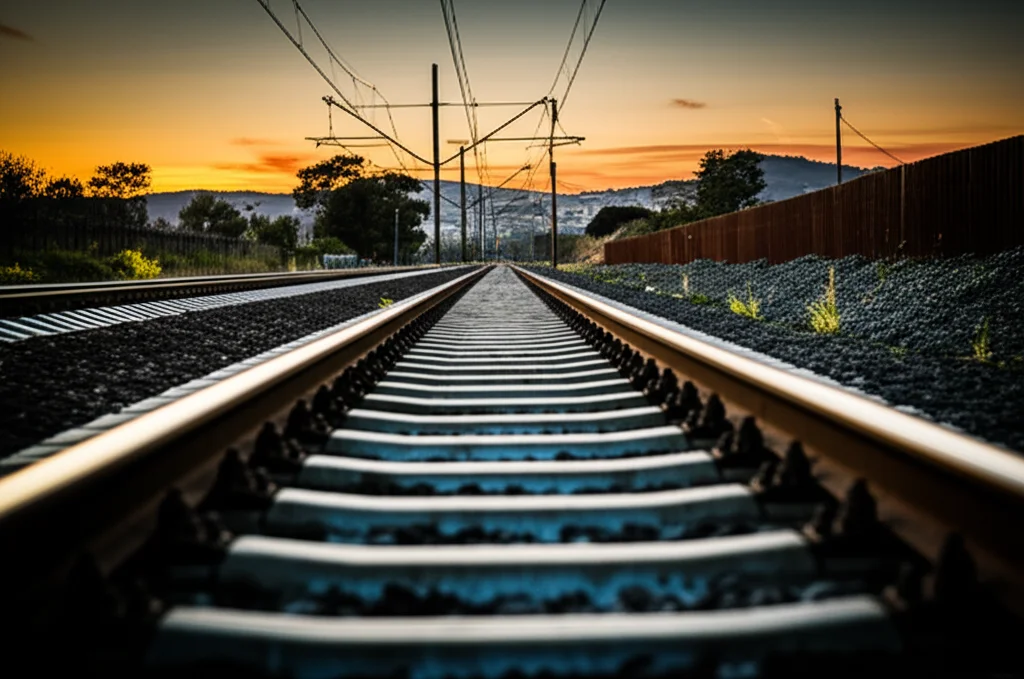 Fotografia di binari ferroviari vuoti visti da una piattaforma al tramonto, obiettivo grandangolare 10mm, messa a fuoco nitida sulle rotaie che si perdono in lontananza, colori caldi del cielo contrastano con l'acciaio freddo dei binari, simboleggiando la dualità dell'ambiente ferroviario tra viaggio e potenziale pericolo.