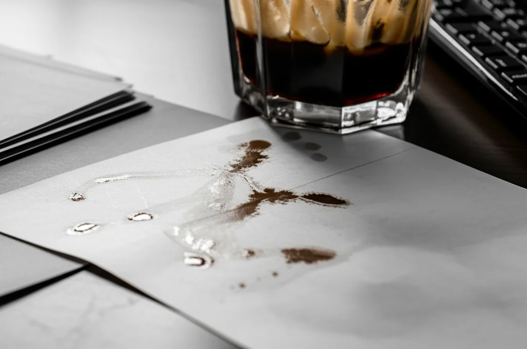 Fotografia macro di una scrivania disordinata con fogli, una tazza di caffè freddo e una tastiera, focus sui dettagli della carta e delle gocce di caffè, illuminazione controllata, obiettivo macro 100mm, alta definizione.