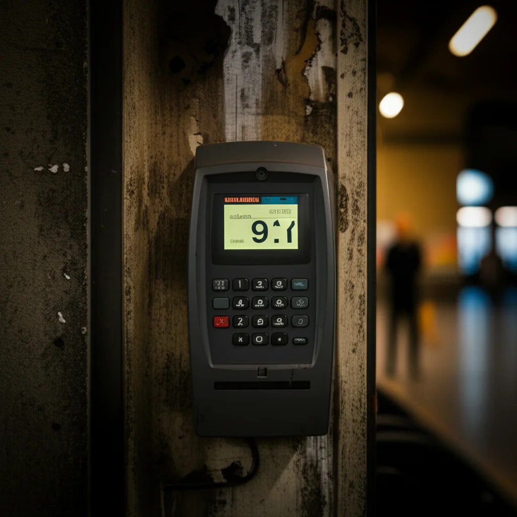 Dettaglio sfocato di un poster di aiuto con un numero di telefono su un muro di una stazione ferroviaria, obiettivo macro 85mm, illuminazione soffusa e controllata, per simboleggiare le opportunità discrete di ricerca di aiuto negli ambienti ferroviari.