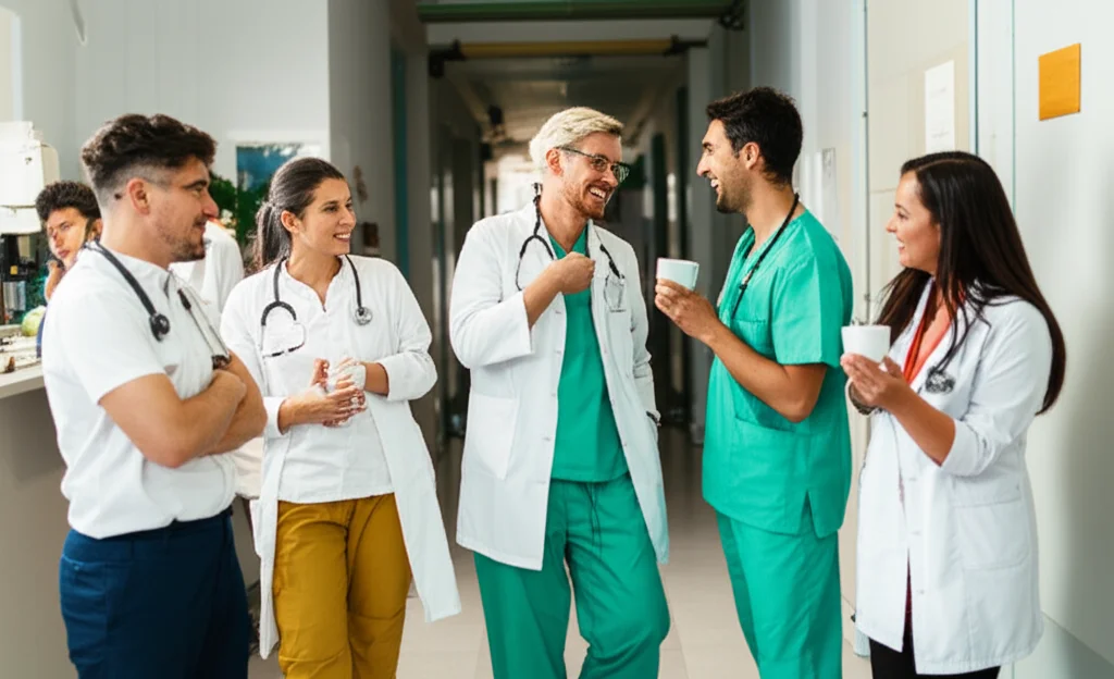 Fotografia di gruppo informale di personale sanitario e amministrativo (infermieri, medici, impiegati) che discutono sorridendo durante una pausa caffè in un corridoio luminoso di un centro sanitario, obiettivo zoom 24-70mm, luce naturale, cattura l'interazione.