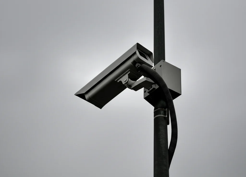 Telecamera CCTV di sorveglianza montata in alto su un palo in una stazione ferroviaria, ripresa dal basso con obiettivo zoom 35mm, cielo nuvoloso sullo sfondo, simboleggia la sorveglianza e il potenziale intervento di terzi per la prevenzione dei suicidi.