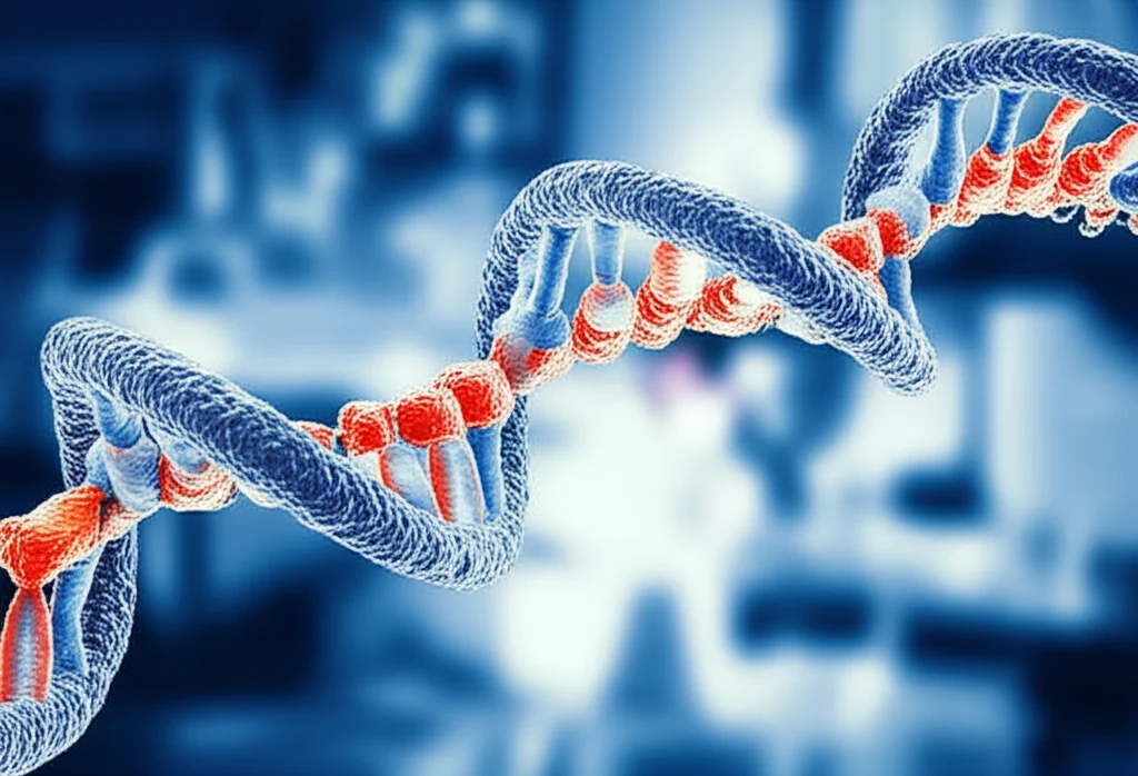 Immagine macro di una doppia elica di DNA stilizzata e illuminata con precisione, con alcune sezioni evidenziate in rosso a simboleggiare mutazioni genetiche come KIT, su uno sfondo sfocato da laboratorio. Obiettivo macro 100mm, illuminazione controllata, alta definizione.