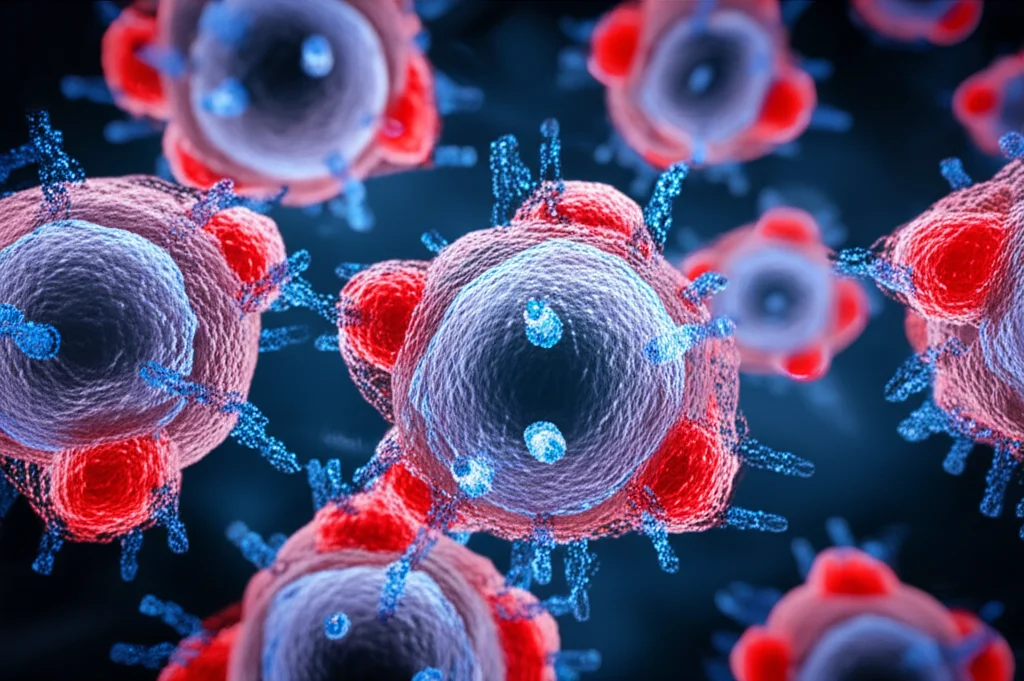 Visualizzazione artistica di cellule tumorali (sfere irregolari grigie) che resistono a un farmaco (particelle luminose blu). Alcune cellule mostrano scudi protettivi rossi (simbolo di MCL-1 o BCL-XL). Sfondo scuro con effetto profondità di campo, obiettivo 35mm, toni blu e rossi duotone.