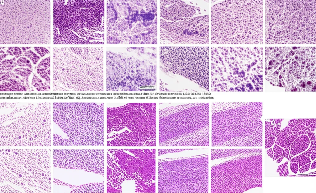 Immagine macro fotorealistica di sezioni di tessuto polmonare colorate con immunoistochimica (IHC). Mostrare diverse intensità di colorazione marrone che indicano vari livelli di espressione proteica dei DPRDEGs in campioni di controllo, BPCO, LUAD e BPCO+LUAD. Obiettivo macro 100mm, illuminazione controllata, alta definizione.