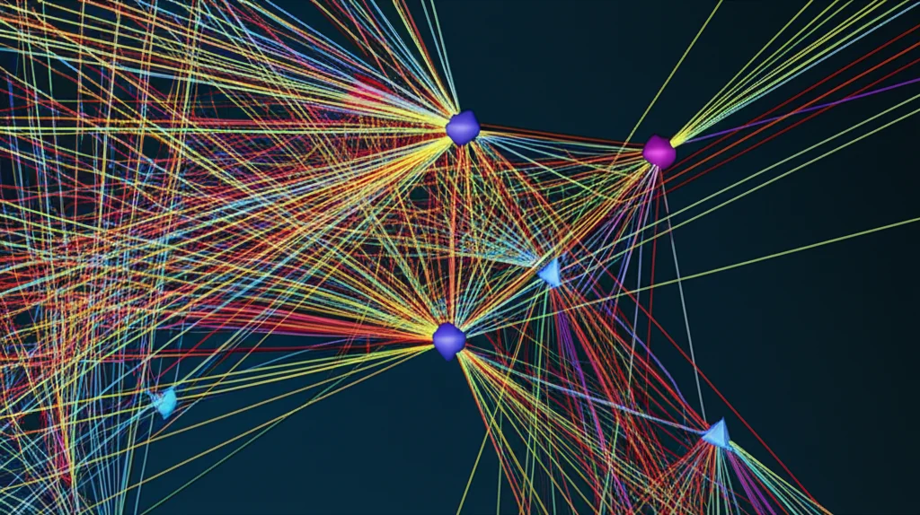 Visualizzazione 3D di una rete complessa che mostra le interazioni tra i DPRDEGs (nodi centrali), i fattori di trascrizione (nodi triangolari) e potenziali farmaci (nodi a forma di V). Utilizzare uno stile grafico pulito con linee di connessione colorate su sfondo scuro per evidenziare le relazioni. Profondità di campo per focalizzare l'attenzione su un cluster di interazioni.