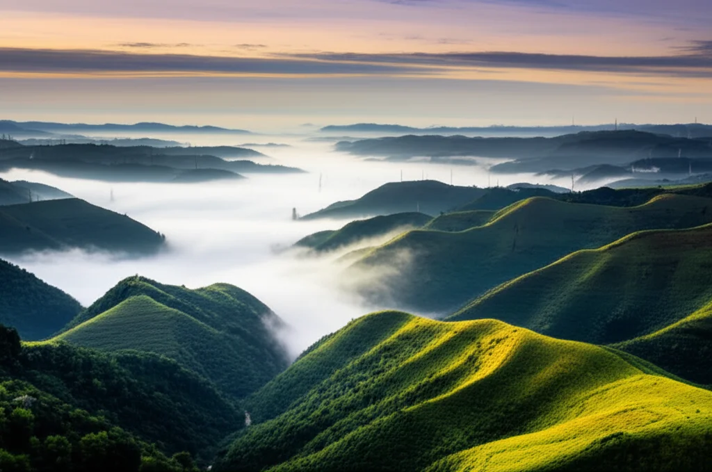 Veduta aerea di un paesaggio collinare e umido nella regione di Chongqing, Cina, potenziale nuovo habitat per Dalbergia odorifera, obiettivo grandangolare 18mm, lunga esposizione per creare nuvole soffici nel cielo, luce dorata del tardo pomeriggio che illumina le valli nebbiose.